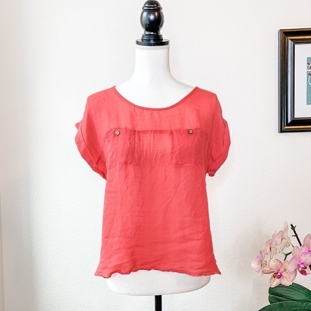 🍋 Atmosphere • Coral Short Sleeve Linen-Like Top
